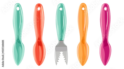 Assorted Colorful Cooking and Gardening Utensils Isolated on White Background