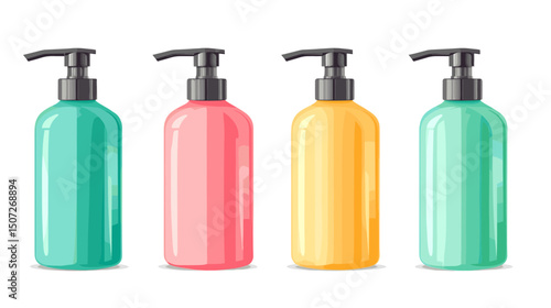 Assorted Pixel Art Bottles in Teal Pink Yellow and Mint with Black Pumps for Cosmetics on a White Background