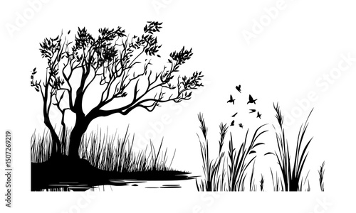 Black tree, Cottonwood Tree Spring Wetland Illustration Set, tree clipart, nature design, forest silhouette, vector illustration, lush forest, scenic woodland, natural landscape.
