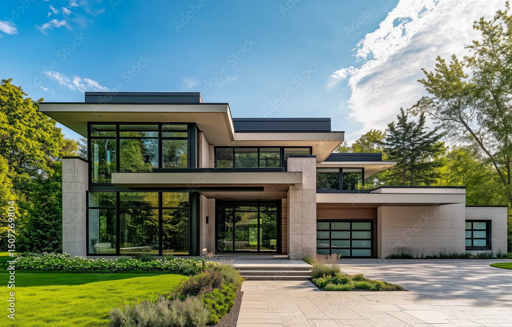 Fototapeta premium Modern architectural masterpiece featuring large glass windows and sleek lines