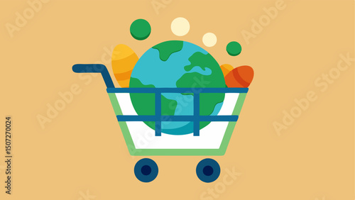 Earth with a Shopping Cart A playful design of a shopping cart filled with miniearths the globe symbolizing the purchase of ecofriendly goods to protect the planet.