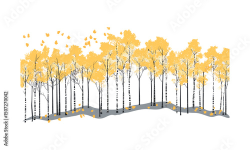 Aspen Tree Silhouettes, autumn golden foliage, mountain forest scene, engraved leaf fall trees, natural parkland, vector illustration, woodland scenery, fall landscape, outdoor nature art.