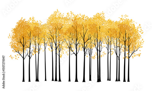 Autumn Aspen Trees, crisp leaf fall silhouettes, golden foliage, mountain forest vector illustration, natural parkland scene, engraved trees, woodland landscape, seasonal outdoor design.
