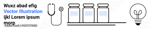 Stethoscope beside three medicine vials, paired with a glowing lightbulb representing medical research and innovation. Ideal for healthcare, science, innovation, research, technology, education