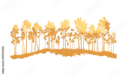 Golden Aspen Tree Silhouettes, autumn leaf fall, mountain forest, natural parkland clipart, engraved trees, vector illustration, fall scenery, scenic woodland, outdoor nature background.