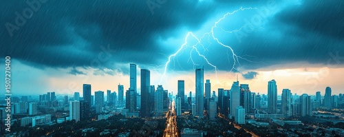 City skyline illuminated by dramatic lightning storm with dark storm clouds and rain over modern urban buildings at dusk