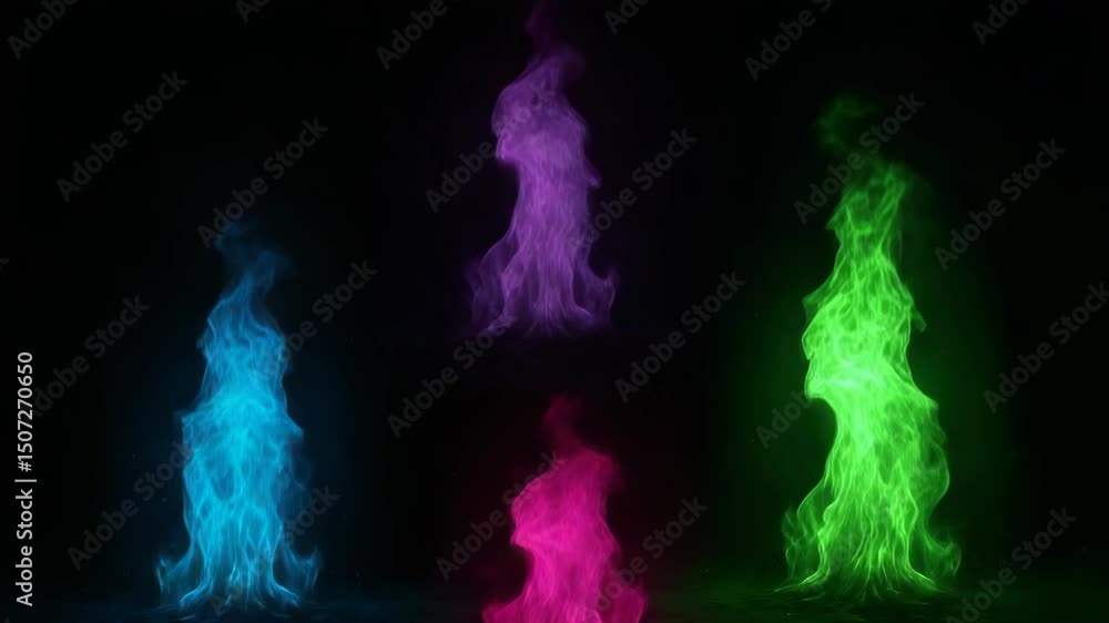 Colored flames on black background video – blue flame, green flame, pink flame, cyan flame for visual design and intros

