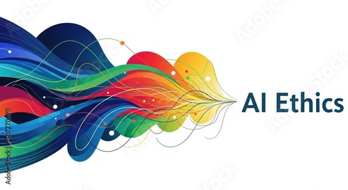 Colorful abstract waveforms converge beside the words AI Ethics, isolated on white background with copy space, complexity and diversity in responsible AI development and ethical considerations.