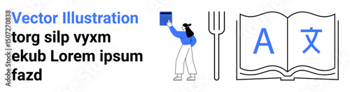 Female figure holding a book next to an open book with language alphabet symbols and a fork. Ideal for education, language learning, translation, teaching, culinary themes, literacy, simple landing