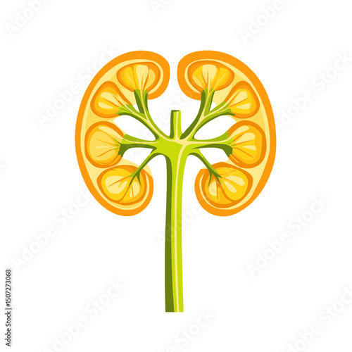 Kidney Anatomy Illustration with Yellow and Orange Details on White Background Showing Medical Structure Cross Section Internal Organ