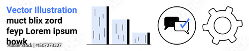 Minimalist bar chart, chat bubble with a checkmark, and gear icon. Ideal for analytics, collaboration, communication, data, organization, feedback and a simple landing page