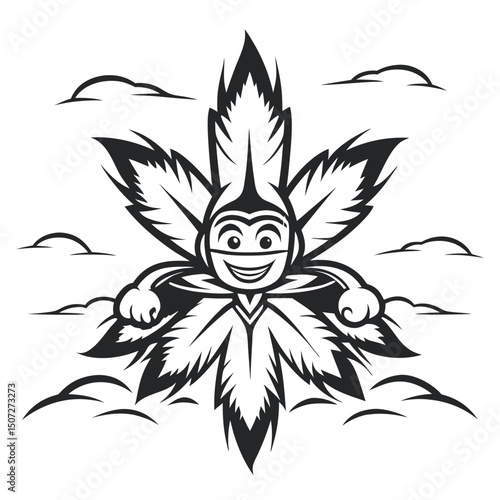 Monochrome Mascot: Smiling Cartoon Character Merged with Cannabis Leaf Against Cloudy Sky Background Graphic Vector Illustration.                     