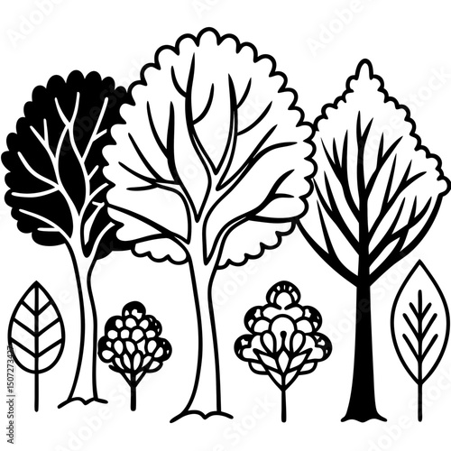 Deciduous Tree Silhouettes – Black Vector on White