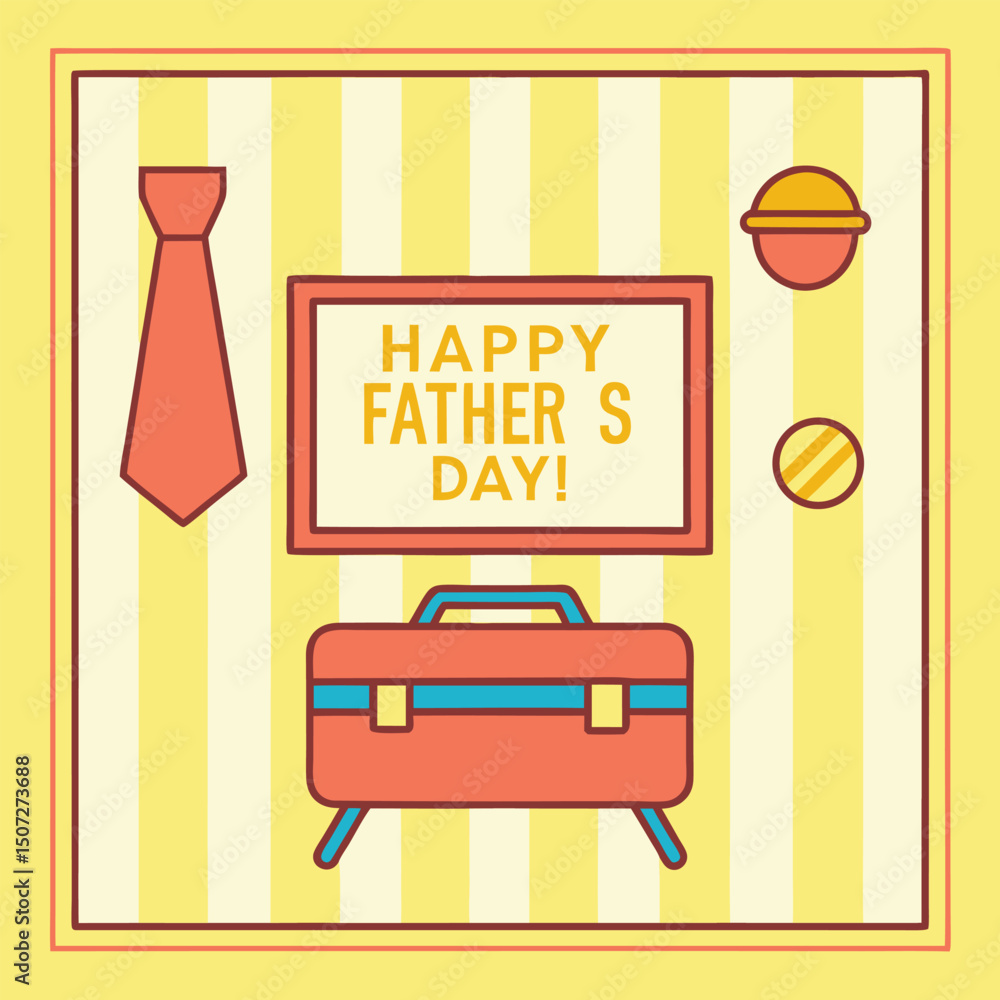 Naklejka premium Stylized Father's Day Illustration with Icons on Striped Yellow Background 