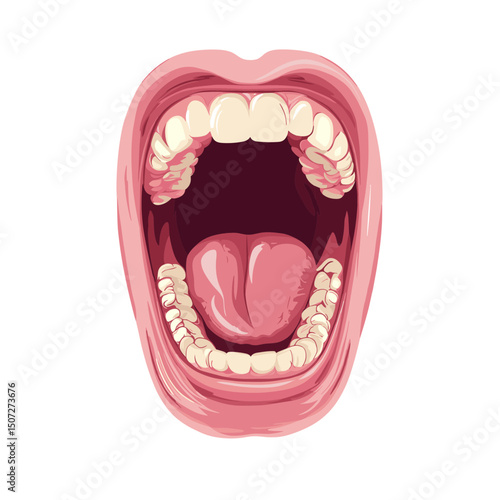 Open Mouth Illustration Featuring Teeth and Tongue in Pixel Art Style with Pink and White Color Palette