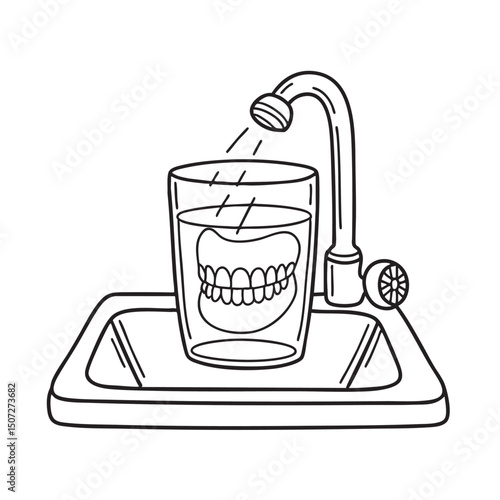 A full denture placed inside a glass of water on bathroom sink