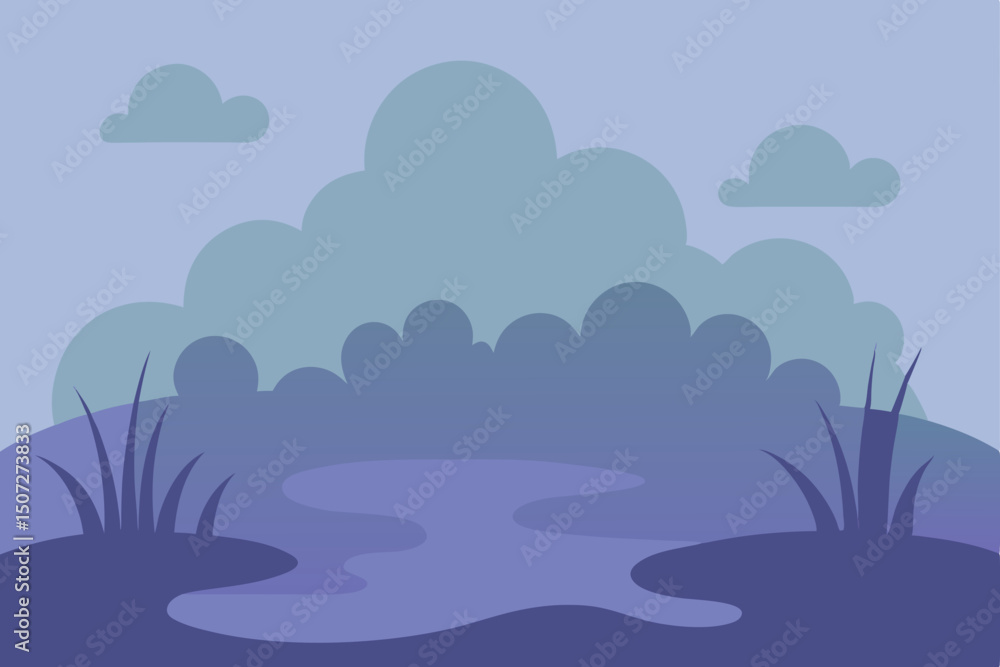 Obraz premium Vector illustration of a serene summer landscape with clouds, sky, and ocean waves