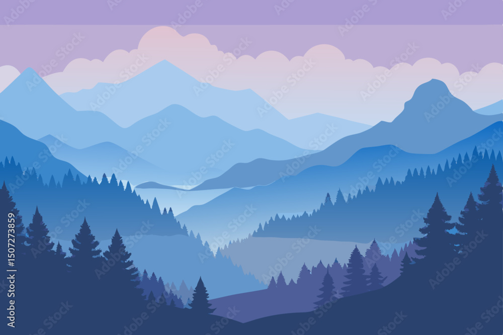 Obraz premium Mountain landscape with fog and pine trees at sunrise