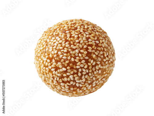 A delicious sesame ball dessert, showcasing its golden color and a generous coating of sesame seeds against a pristine white background, inviting a tasty bite.