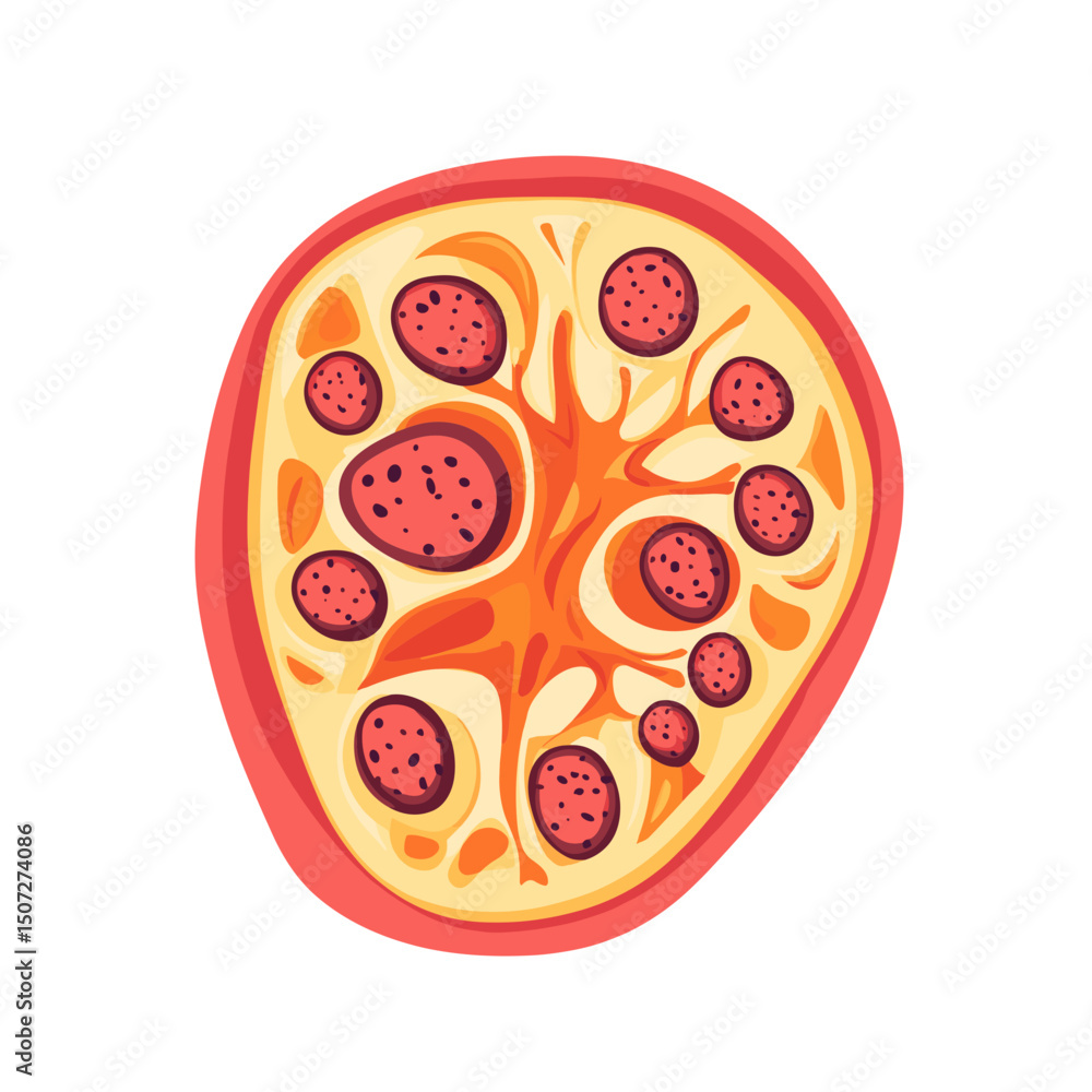 Overhead Flat Illustration of a Round Pepperoni Pizza with Red Sauce and a Light Yellow Crust on a White Background Overhead Flat Illustration of a Round Pepperoni Pizza with Red Sauce and a Light Yellow Crust on a White Background