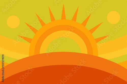 Bright sun rays shine through a summer sky, a vibrant yellow and orange vector illustration