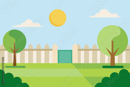 Green eco landscape with trees and a fence, a sunny urban nature illustration