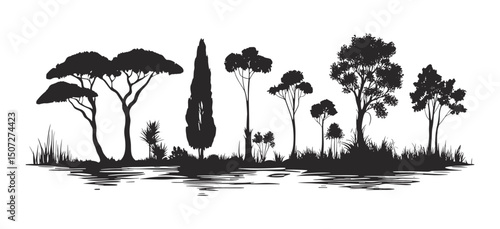 Cypress Tree Forest Silhouette, wetland scene, rainy weather, wild nature, hand-drawn black tree clipart, vector illustration, nature conservation, outdoor landscape, ecological design.