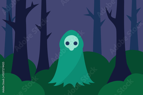 A scary cartoon ghost and monster bird haunt a Halloween night scene under the moon, with a cute, colorful tree silhouette