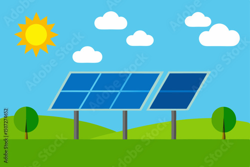 A vibrant landscape features blue sky and green nature with solar panels generating clean electricity from the sun, showcasing renewable energy technology