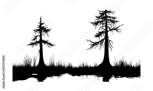Cypress Tree Wetland Scene Design Set, rainy mood, wild nature, forest silhouette, black tree, tree clipart, hand-drawn, vector illustration, landscape art, natural environment.