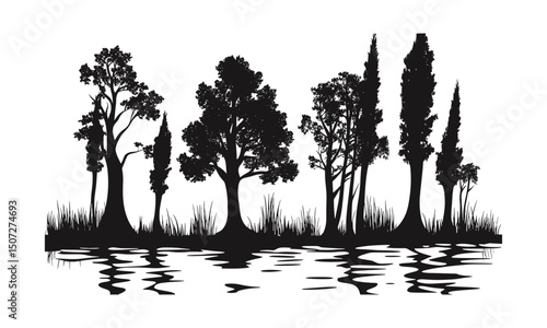 Hand-drawn Cypress Tree in Wetland, forest silhouette, rainy mood, wild nature, black tree clipart, vector illustration, natural habitat, wilderness background, scenic environment.