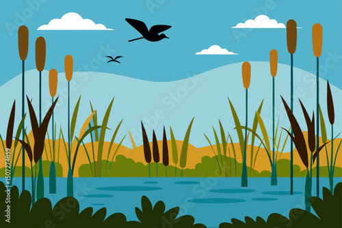 Green summer landscape with reeds in a lake and a clear blue sky