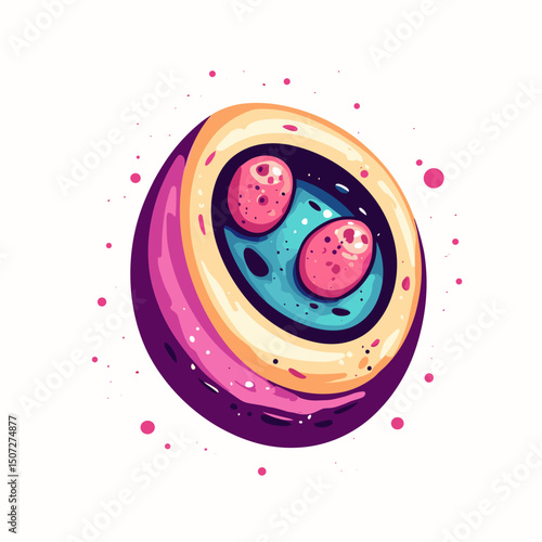 Pixelated Egg Cell Illustration with Blue Nucleus and Pink Genetic Material on a White Background