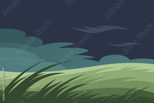 Moonlit night nature landscape with trees, grass, and a blue sky