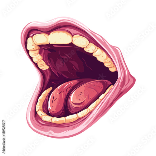 Pixelated Open Mouth Illustration Showing Inner Anatomy Featuring Pink Lips White Teeth and Tongue on White Background