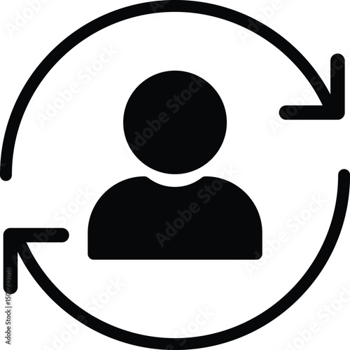 Replace person icon. person is in a circle with arrows pointing to the left and right. isolated on white background