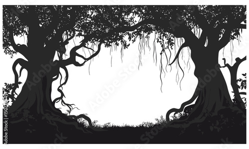 Dark Jungle Banyan Tree Silhouettes, sprawling roots vector illustration, exotic rainforest canopy, thick tropical forest clipart, warm humid environment, black silhouette art