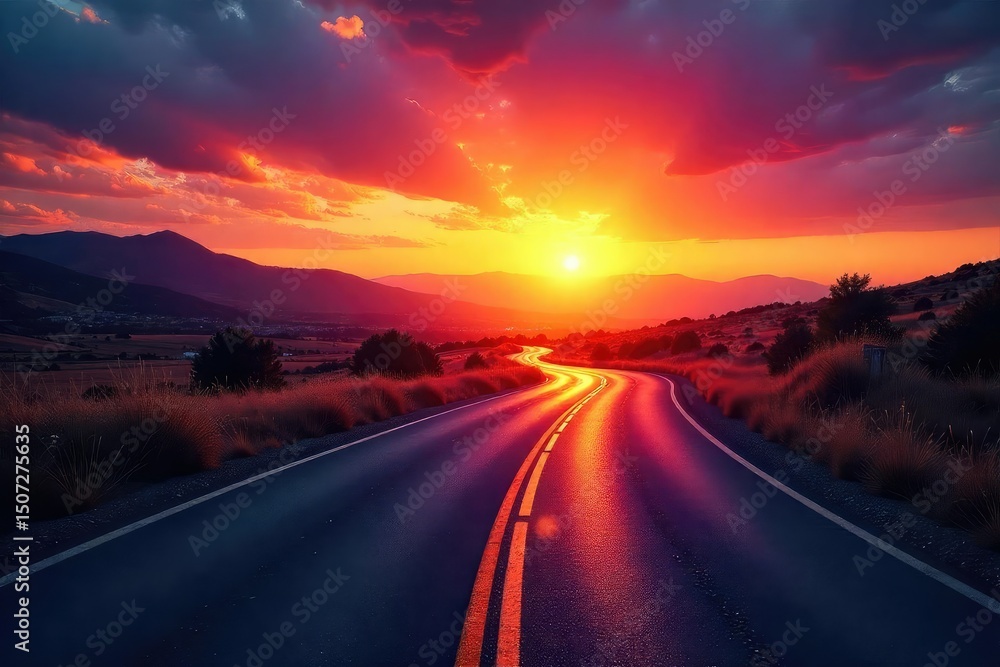 Fototapeta premium A winding road disappearing into a vibrant sunset, symbolizing the exciting possibilities and unknown adventures that lie ahead on life's journey , distant, aspiration