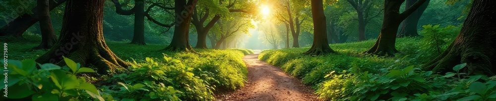 Obraz premium A winding path through a vibrant forest, sunlight dappling the leaves, leading to a distant, unseen destination The journey is symbolic of life's path, adventure, and exploration , journey, sunlight