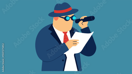 Disguised and Analyzing The crime boss dressed in various disguises and collecting information using a pair of binoculars and a notepad to note suious activity.