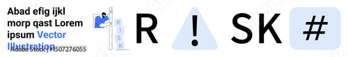 Letters forming Risk with exclamation mark inside a triangle, hash symbol, and text elements. Ideal for safety, warning, hazard evaluation, alert systems, danger awareness, compliance simple landing