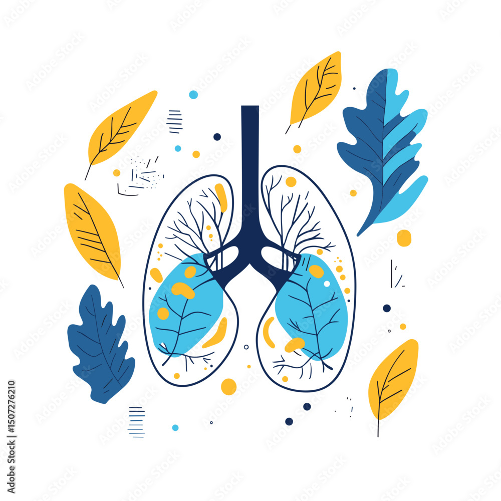 custom made wallpaper toronto digitalStylized Lungs Surrounded by Leaves in Blue and Yellow with a Clean White Background Depicting Respiratory Health and Environmental Protection