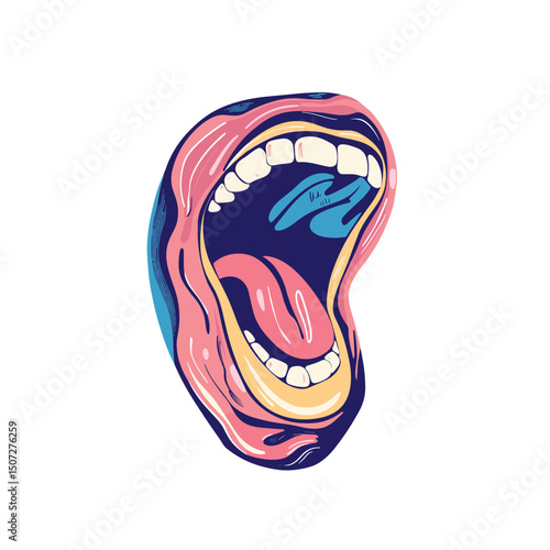 Stylized Open Mouth with Pink Lips and Blue Accents in a Graphic Illustration on White Background