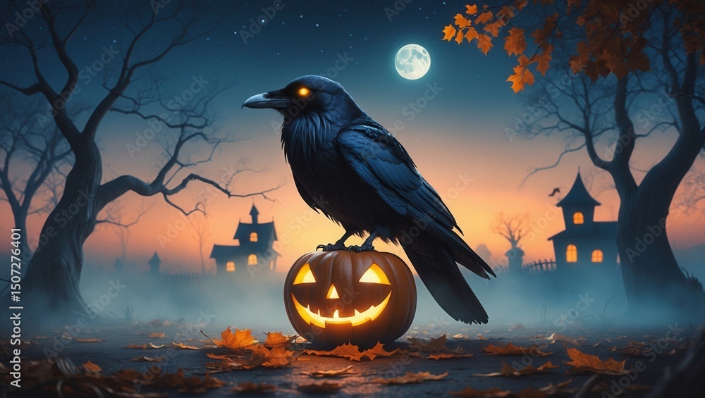 Fototapeta premium Black raven perched on glowing jack-o'-lantern in eerie Halloween setting with full moon and haunted houses
