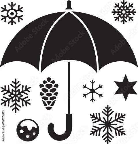 Umbrella in the Rain: A monochromatic artistic depiction of an umbrella shielding from a downpour, emphasizing protection and weather-related elements.