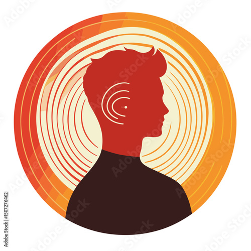 Stylized Silhouette of a Listening Man with Orange Sound Waves Emanating from Ear in Circular Frame