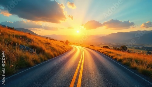 A winding road disappearing into a bright, sun-drenched horizon, symbolizing possibilities and the journey ahead Perfect for concepts of progress, ambition, and future endeavors , landmark, adventure