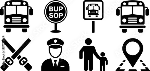 School bus stop icon set transportation safety