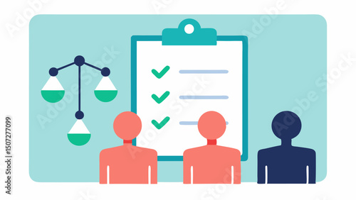 Breakdown of Arguments A diagram on a notepad showing pros and cons of the case with a juror pointing at the list facilitating a structured debate a the others.