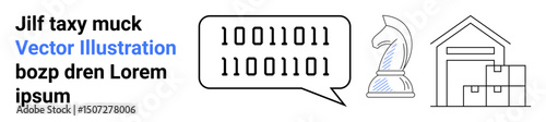 Binary code in speech bubble next to knight chess piece and warehouse with stacked boxes. Ideal for data analysis, strategy, logistics, communication, decision-making, technology, simple landing page